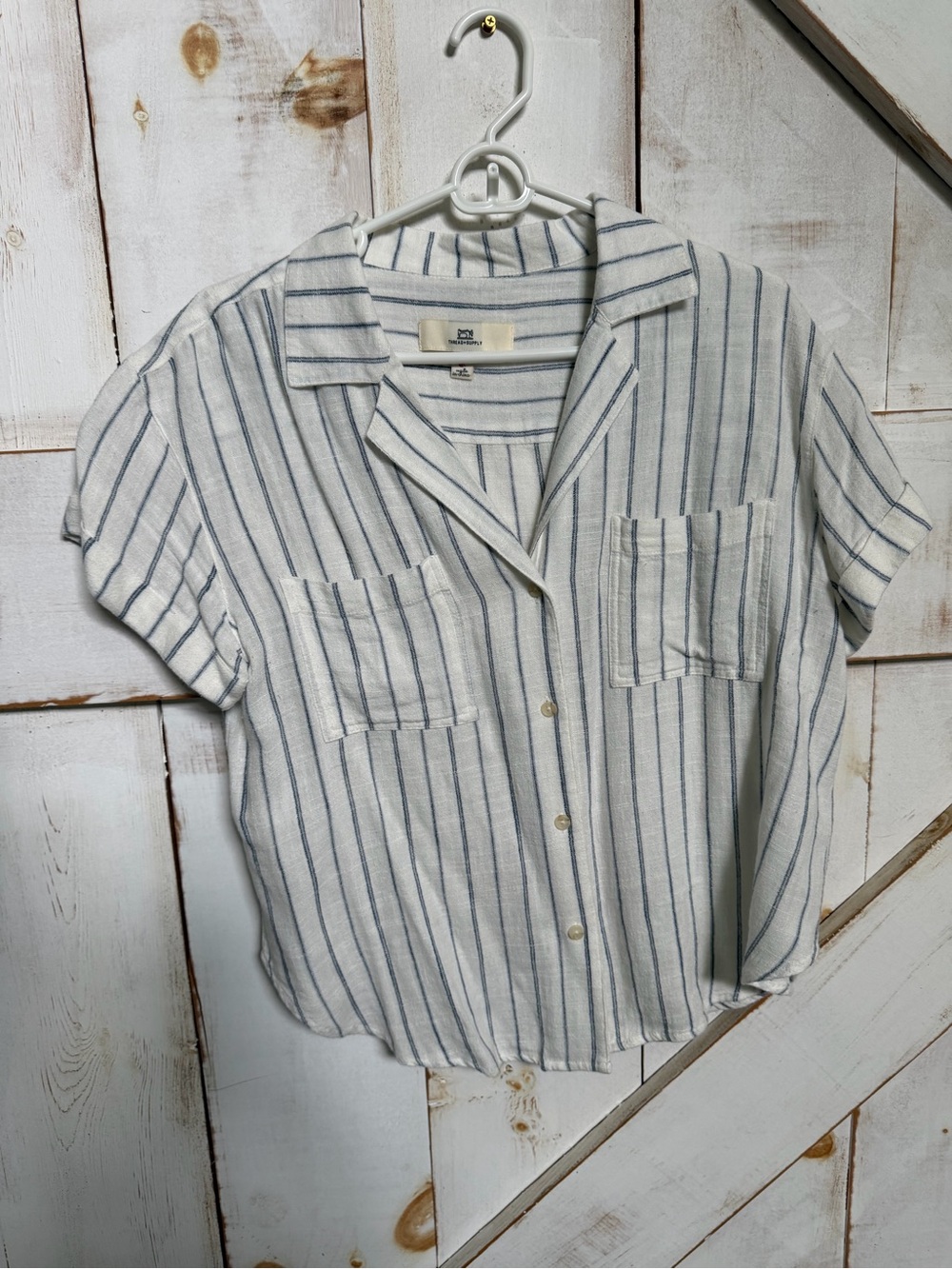 Thread & Supply White Shirt with Blue Vertical Stripes